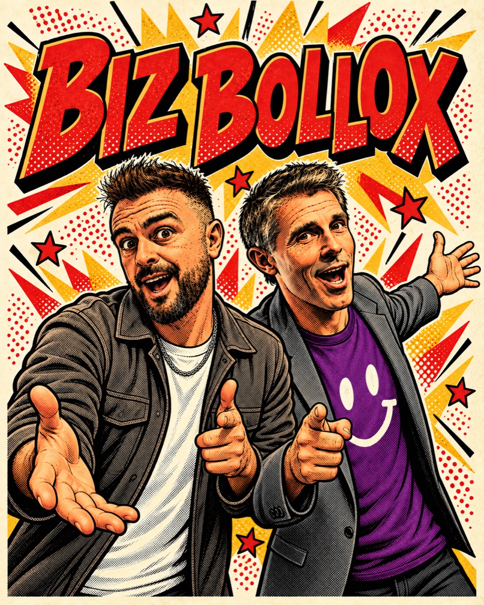 Comic-style Biz Bollox artwork of Shane and Andy